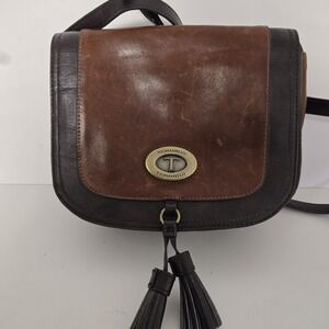Tignanello Leather Saddle Bag, Crossbody Purse, Dark Brown & Honey Leather, Used